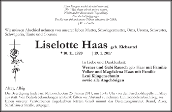 Traueranzeige von Liselotte Haas von Trauerportal Rhein Main Presse