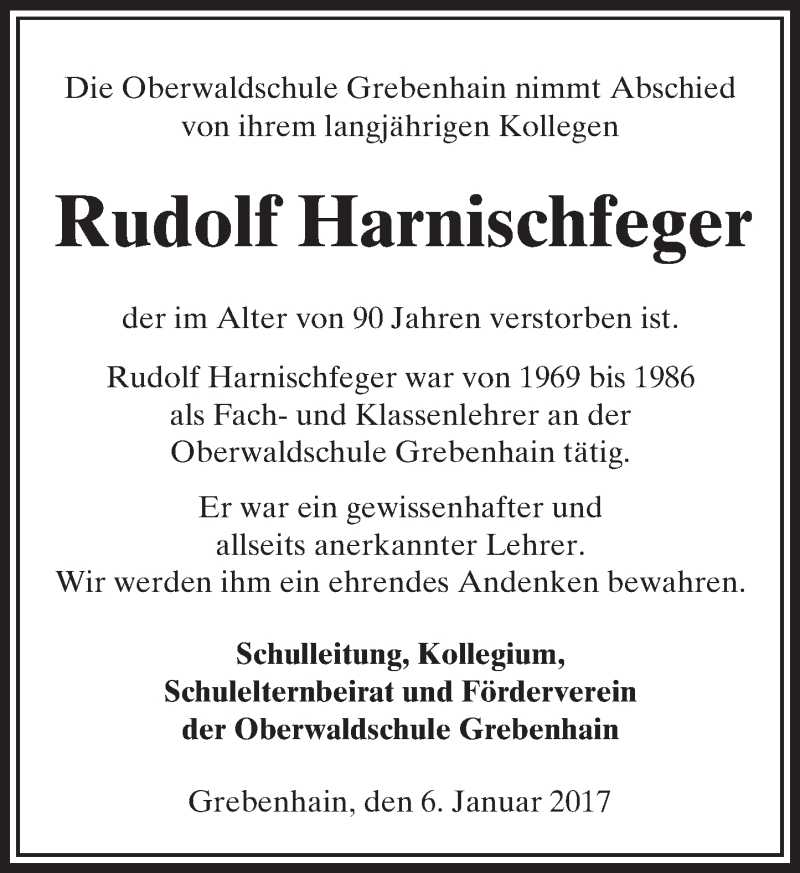  Traueranzeige für Rudolf Harnischfeger vom 06.01.2017 aus VRM Trauer