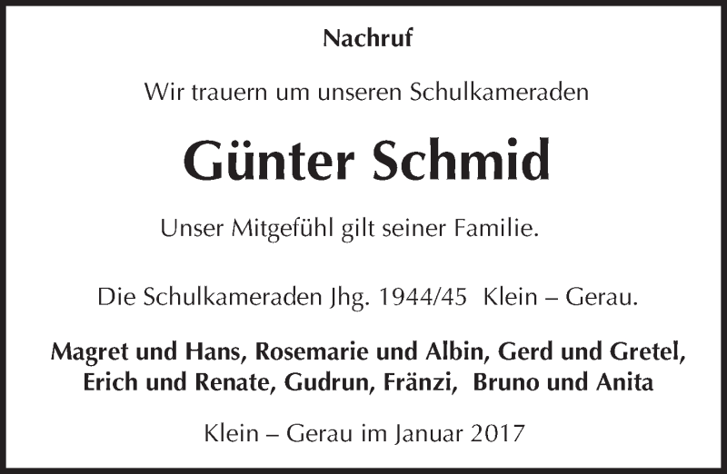  Traueranzeige für Günter Schmid vom 11.01.2017 aus Trauerportal Echo Online