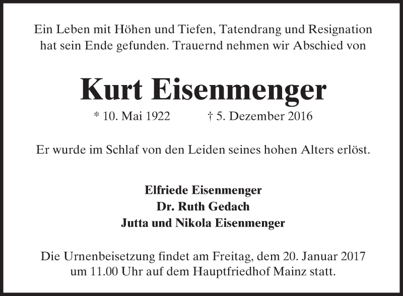  Traueranzeige für Kurt Eisenmenger vom 13.01.2017 aus Trauerportal Rhein Main Presse