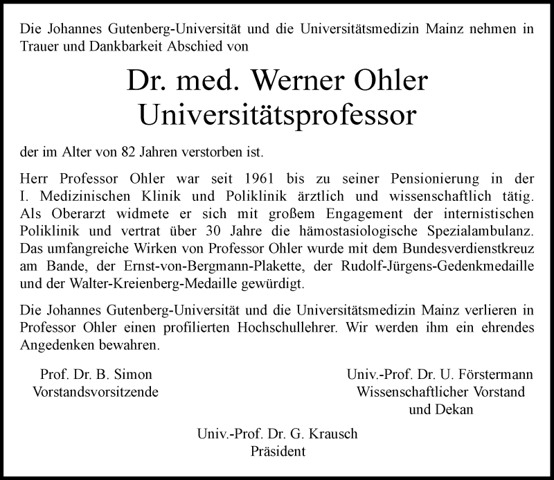  Traueranzeige für Werner Ohler vom 28.01.2017 aus Trauerportal Rhein Main Presse