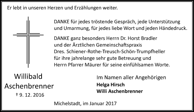  Traueranzeige für Willibald Aschenbrenner vom 14.01.2017 aus Trauerportal Echo Online