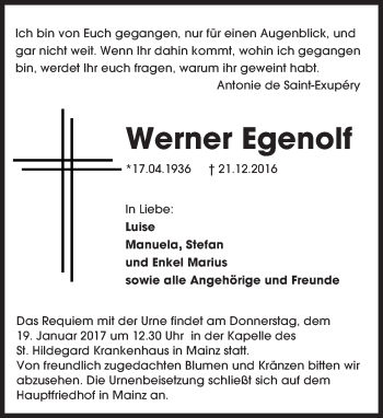 Traueranzeige von Werner Egenolf von Trauerportal Rhein Main Presse