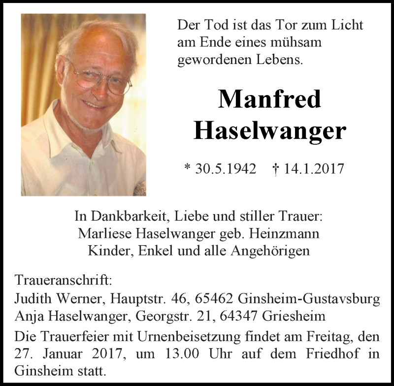  Traueranzeige für Manfred Haselwanger vom 21.01.2017 aus Trauerportal Echo Online