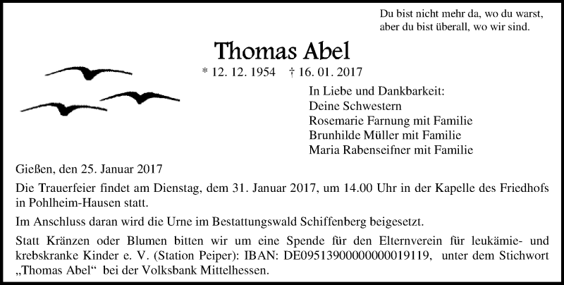  Traueranzeige für Thomas Abel vom 25.01.2017 aus  Gießener Anzeiger