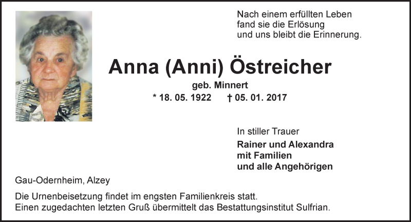  Traueranzeige für Anna Östreicher vom 09.01.2017 aus Trauerportal Rhein Main Presse