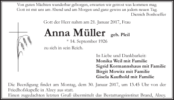 Traueranzeige von Anna Müller von Trauerportal Rhein Main Presse
