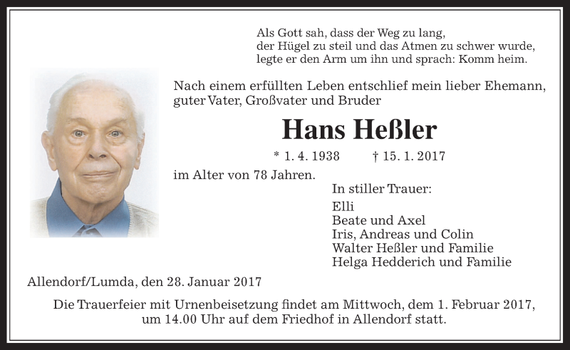  Traueranzeige für Hans Heßler vom 28.01.2017 aus  Gießener Anzeiger