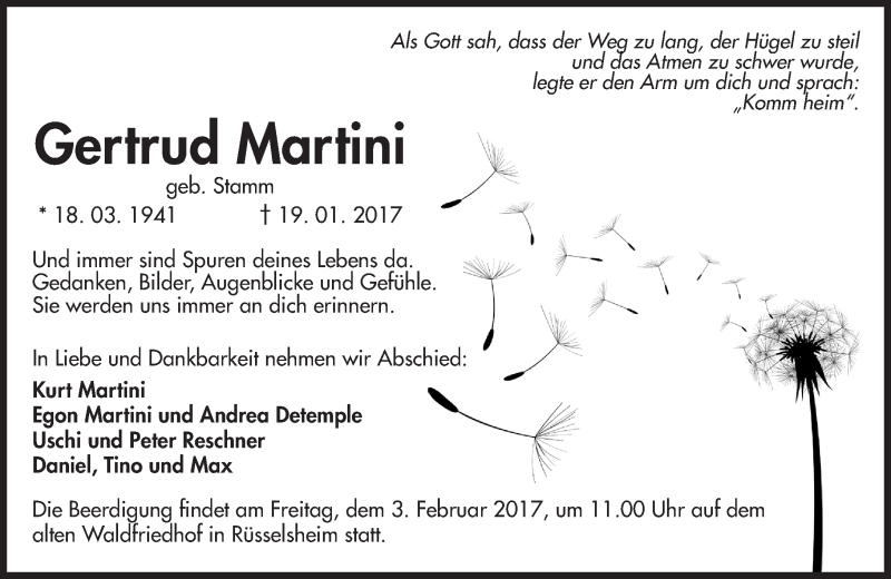  Traueranzeige für Gertrud Martini vom 28.01.2017 aus Trauerportal Rhein Main Presse