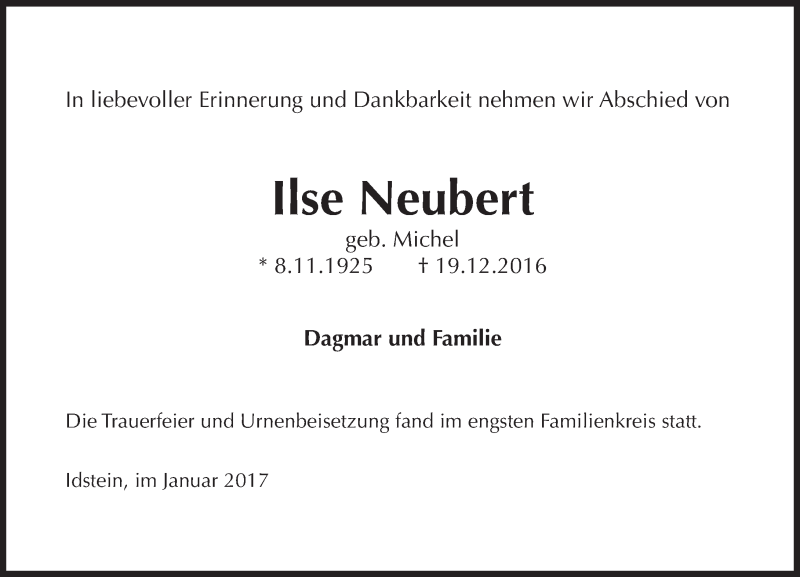  Traueranzeige für Ilse Neubert vom 14.01.2017 aus Trauerportal Rhein Main Presse