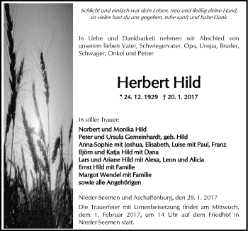 Traueranzeige von Herbert Hild von  Kreisanzeiger