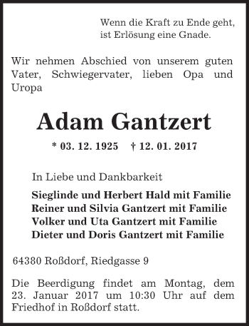 Traueranzeige von Adam Gantzert von Trauerportal Echo Online