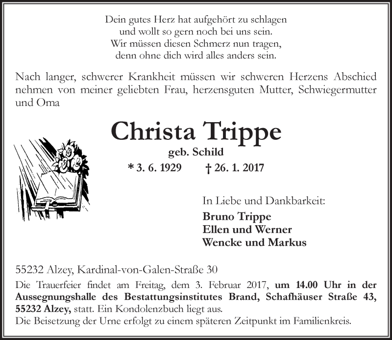  Traueranzeige für Christa Trippe vom 28.01.2017 aus Trauerportal Rhein Main Presse