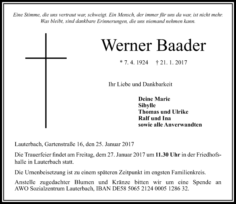  Traueranzeige für Werner Baader vom 25.01.2017 aus VRM Trauer