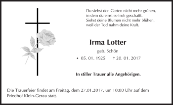 Traueranzeige von Irma Lotter von Trauerportal Echo Online