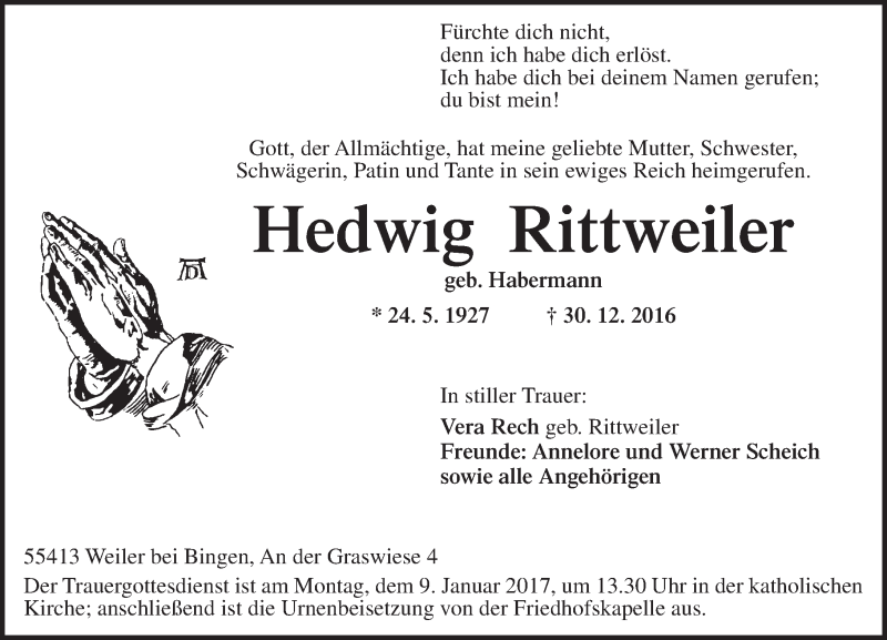  Traueranzeige für Hedwig Rittweiler vom 05.01.2017 aus Trauerportal Rhein Main Presse