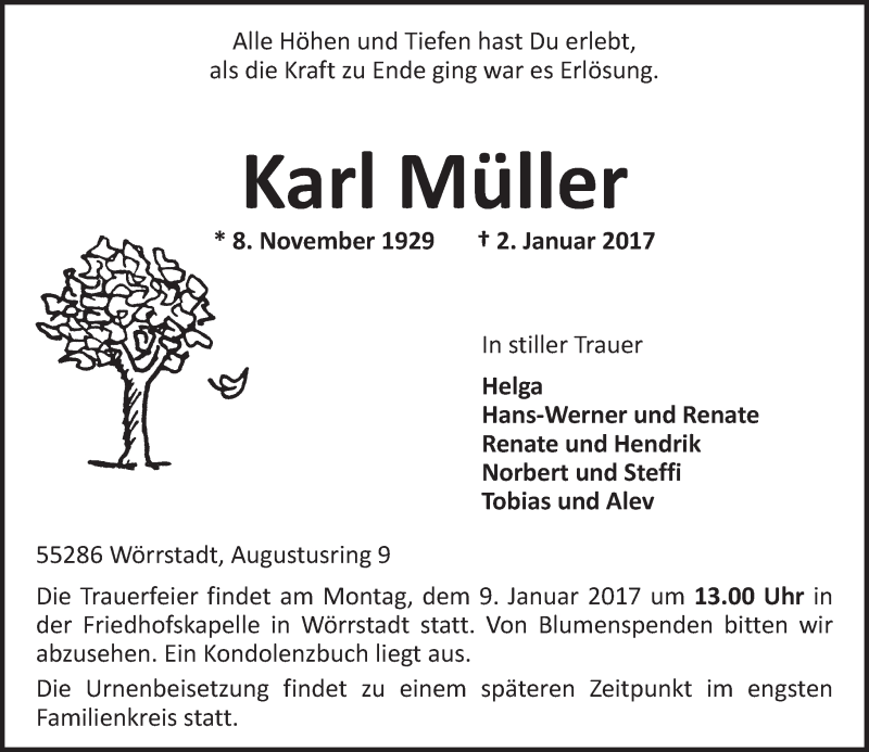  Traueranzeige für Karl Müller vom 05.01.2017 aus Trauerportal Rhein Main Presse