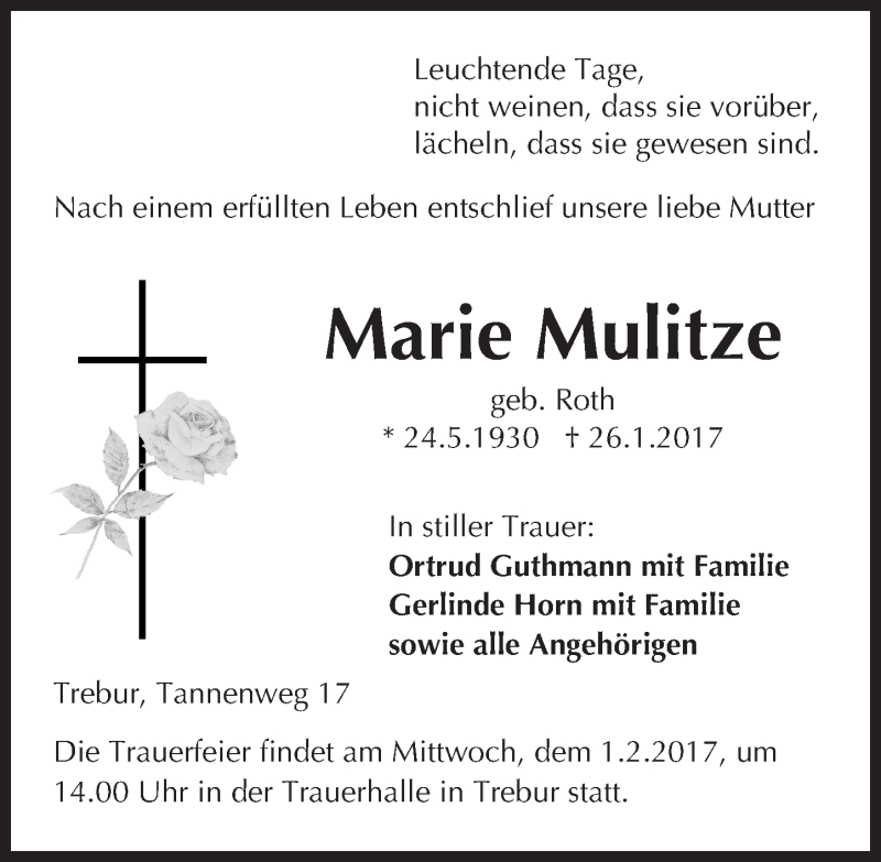  Traueranzeige für Marie Mulitze vom 28.01.2017 aus Trauerportal Echo Online