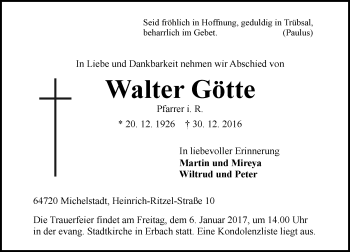Traueranzeige von Walter Götte von Trauerportal Echo Online
