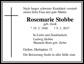 Traueranzeige von Rosemarie Stobbe von  Gießener Anzeiger