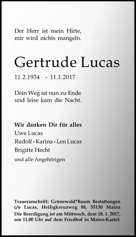  Traueranzeige für Gertrude Lucas vom 14.01.2017 aus Trauerportal Rhein Main Presse