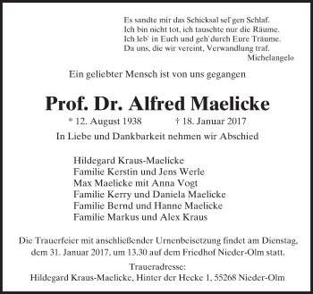 Traueranzeige von Alfred Maelicke von Trauerportal Rhein Main Presse