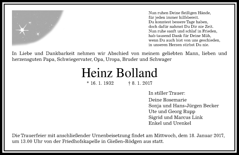  Traueranzeige für Heinz Bolland vom 14.01.2017 aus  Gießener Anzeiger