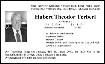 Traueranzeige von Hubert Theodor Terberl von  Gießener Anzeiger