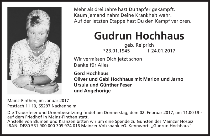  Traueranzeige für Gudrun Hochhaus vom 28.01.2017 aus Trauerportal Rhein Main Presse