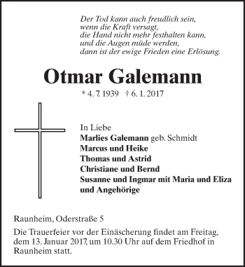 Traueranzeige von Otmar Galemann von Trauerportal Rhein Main Presse