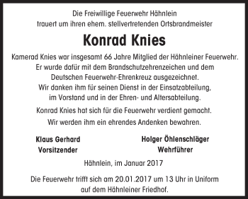 Traueranzeige von Konrad Knies von Trauerportal Echo Online