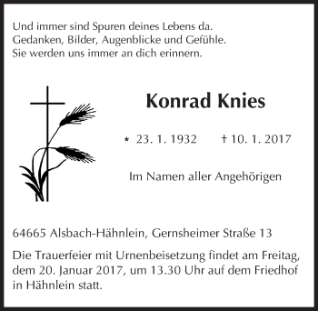 Traueranzeige von Konrad Knies von Trauerportal Echo Online