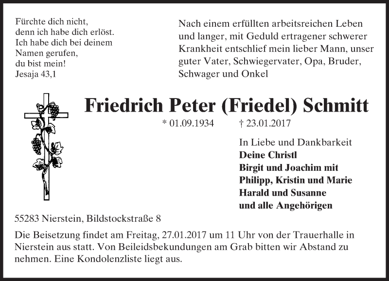  Traueranzeige für Friedrich Peter  Schmitt vom 25.01.2017 aus Trauerportal Rhein Main Presse