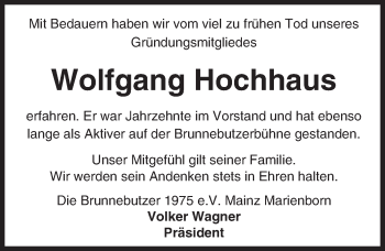 Traueranzeige von Wolfgang Hochhaus von Trauerportal Rhein Main Presse