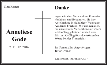 Traueranzeige von Anneliese Gode von VRM Trauer