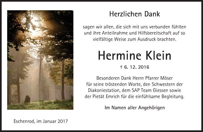  Traueranzeige für Hermine Klein vom 14.01.2017 aus  Kreisanzeiger