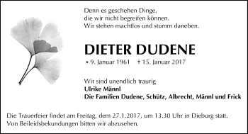 Traueranzeige von Dieter Dudene von Trauerportal Echo Online