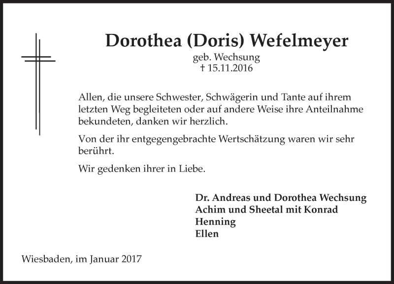  Traueranzeige für Dorothea Wefelmeyer vom 07.01.2017 aus Trauerportal Rhein Main Presse