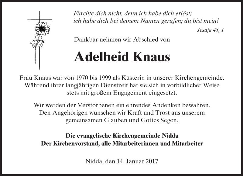  Traueranzeige für Adelheid Knaus vom 14.01.2017 aus  Kreisanzeiger