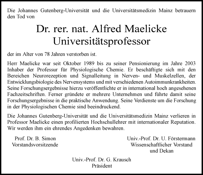 Traueranzeige für Alfred Maelicke vom 27.01.2017 aus Trauerportal Rhein Main Presse