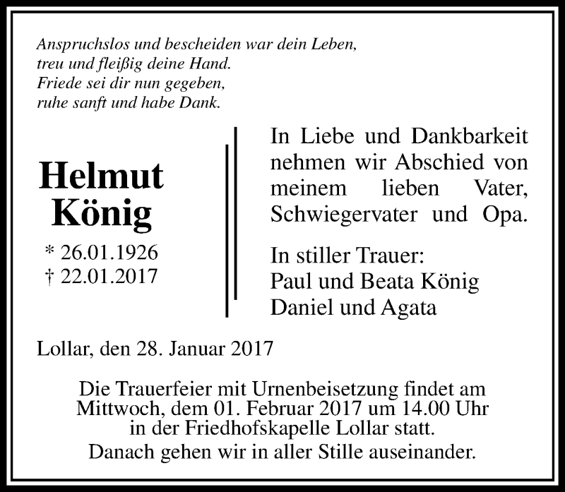  Traueranzeige für Helmut König vom 28.01.2017 aus  Gießener Anzeiger