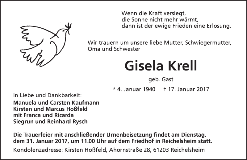  Traueranzeige für Gisela Krell vom 28.01.2017 aus  Kreisanzeiger