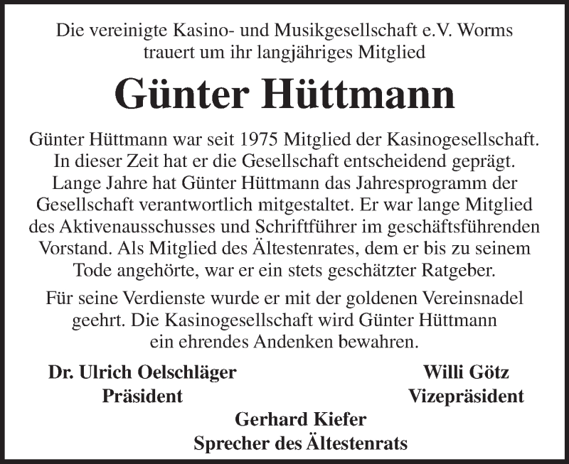  Traueranzeige für Günther Hüttmann vom 17.01.2017 aus Trauerportal Rhein Main Presse