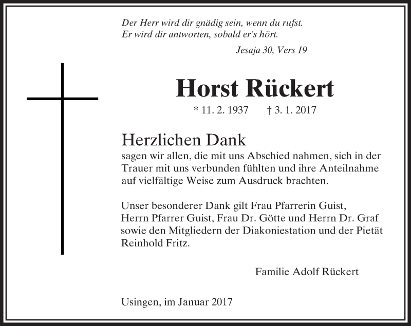 Traueranzeige für Horst Rückert vom 28.01.2017 aus  Usinger Anzeiger
