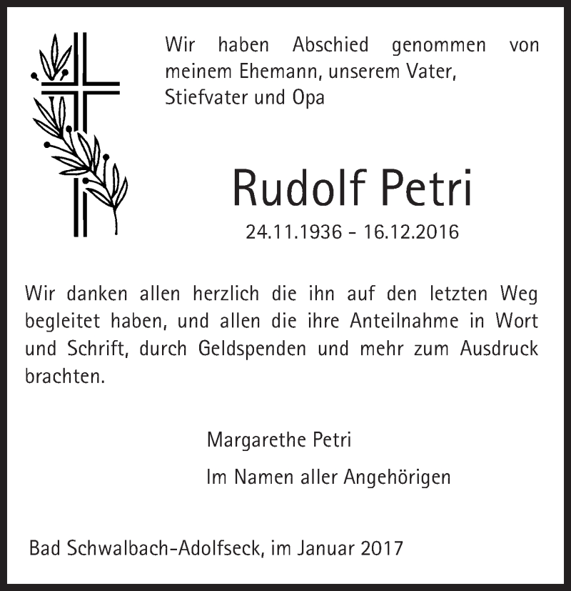  Traueranzeige für Rudolf Petri vom 26.01.2017 aus Trauerportal Rhein Main Presse