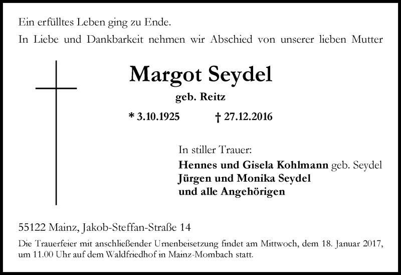  Traueranzeige für Margot Seydel vom 14.01.2017 aus Trauerportal Rhein Main Presse