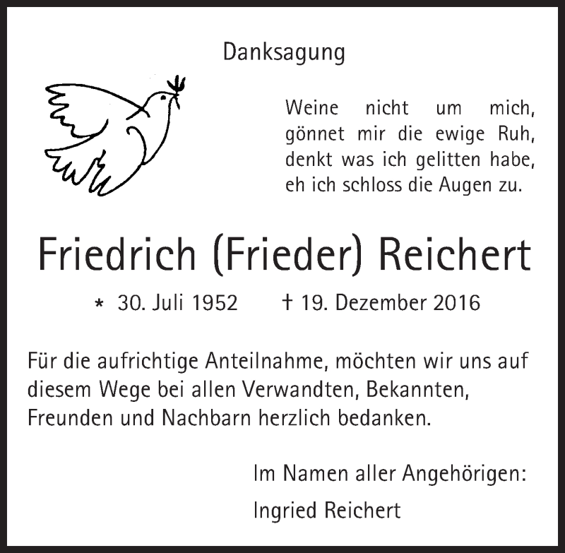  Traueranzeige für Friedrich Reichert vom 13.01.2017 aus Trauerportal Rhein Main Presse