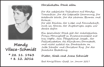 Traueranzeige von Mandy Vilaca-Schmidt von Trauerportal Echo Online