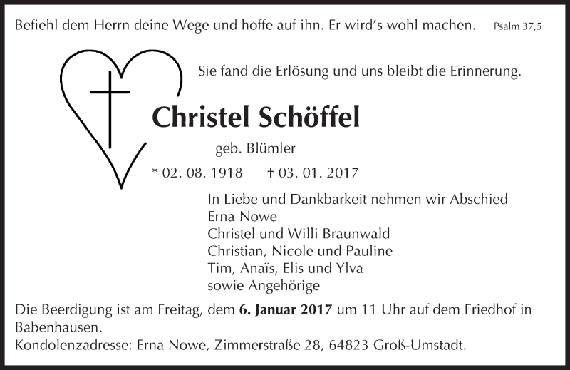  Traueranzeige für Christel Schöffel vom 06.01.2017 aus Trauerportal Echo Online
