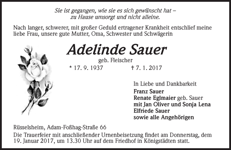 Traueranzeige für Adelinde Sauer vom 14.01.2017 aus Trauerportal Rhein Main Presse